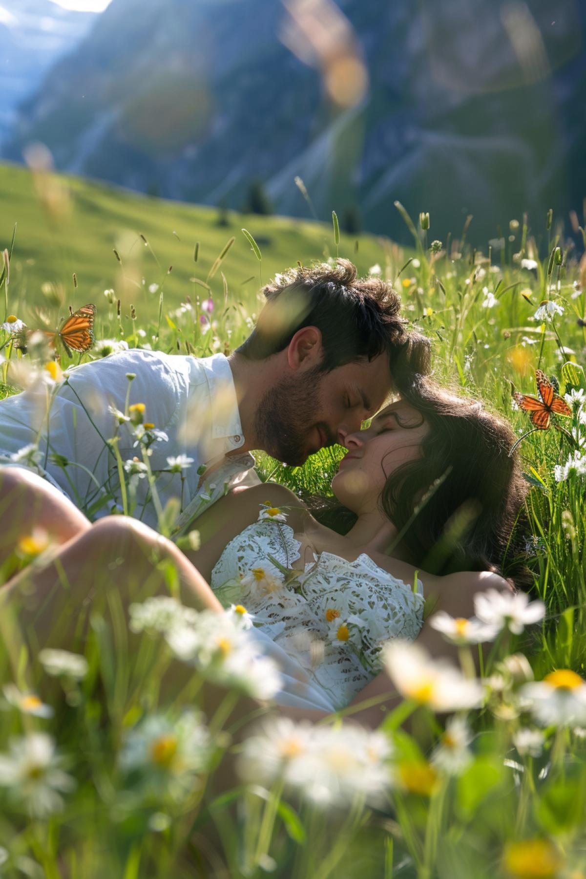 Young beautiful couple on live hugging lying in grass of the Alps meadows summer sunny day beautiful mountain landscape of the Alps around butterflies awarded photo