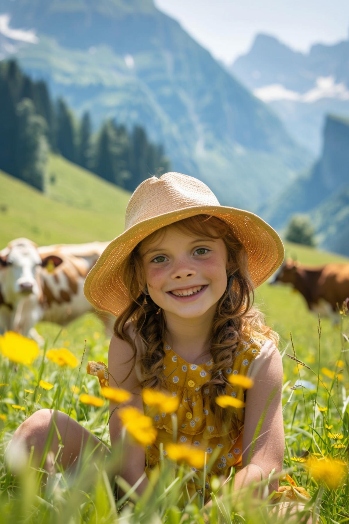 Little cute smiling shepherd girl watching the cows in the Alps meadows summer sunny day