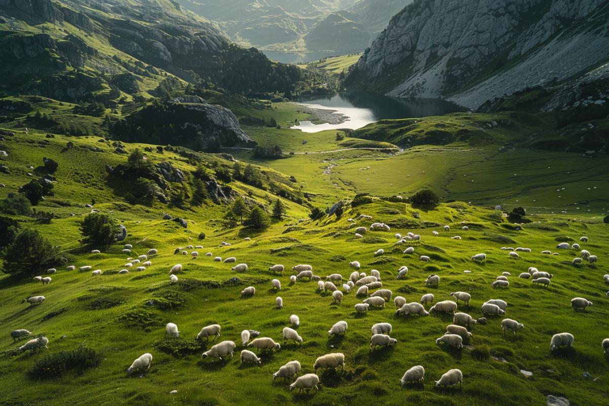 Alpine meadows, sheep, view from a drone