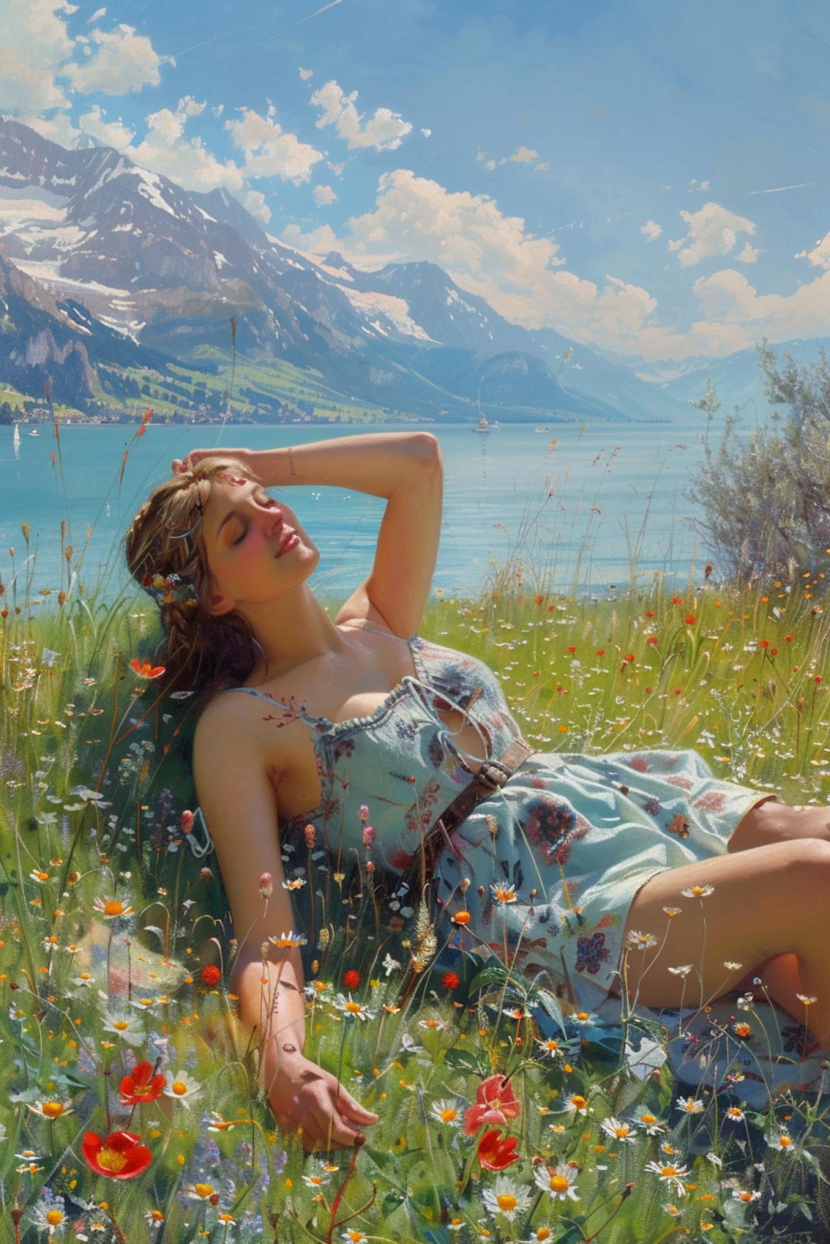 An attractive girl sunbathes in an alpine meadow on the shore of Lake Geneva