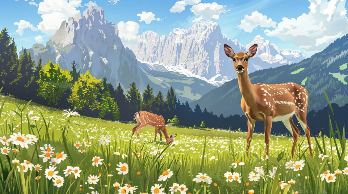 Alpine landscape with mountains in the background. Deer graze in a flower meadow