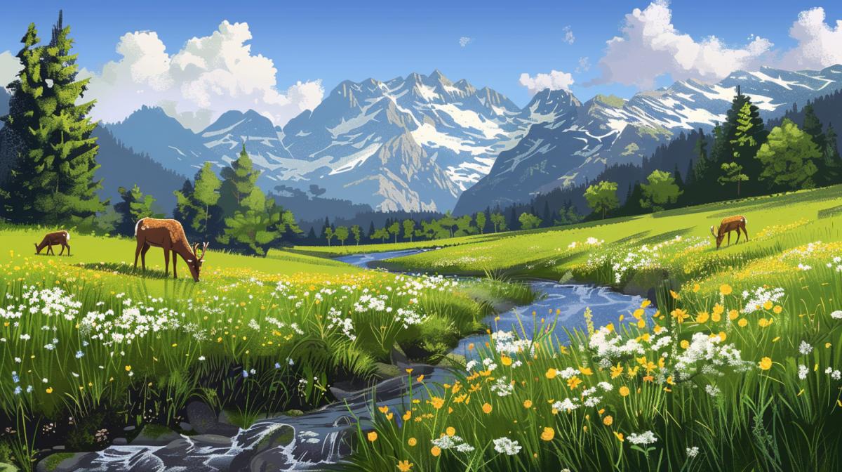 Alpine landscape with mountains in the background. By a stream In a flower meadow where deer graze