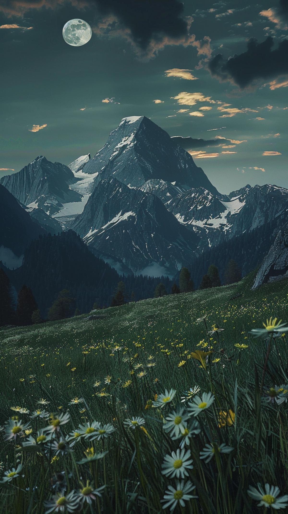 Alpine meadows, mountains, dusk, moon