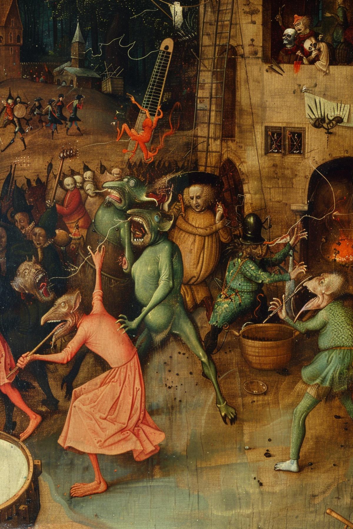 Jazz in medieval village stranger bizarre monsters playing musical instruments and dancing Hieronymus Bosch art