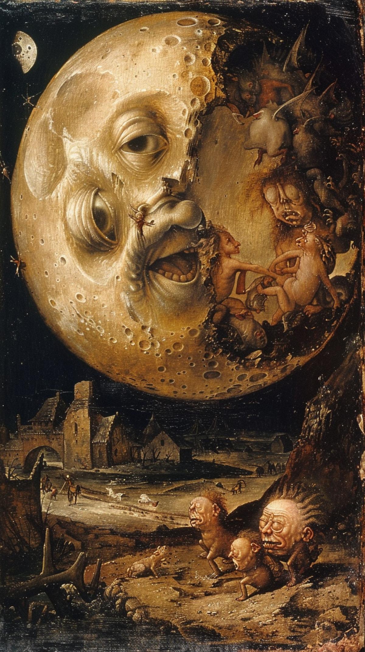 A moon with a distorted face on it, with little gremlins running around, by Hieronymus Bosch, weird, maximalist