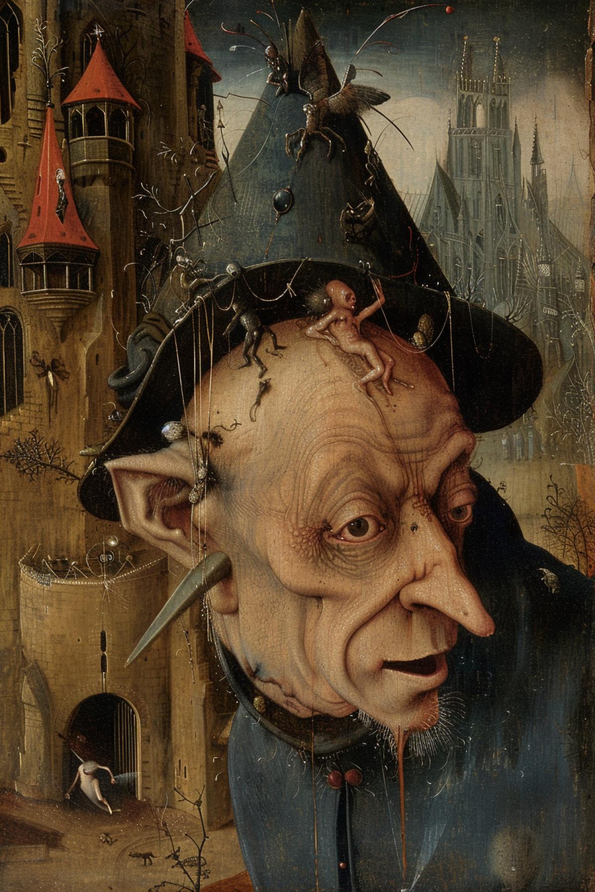 If Hieronymus van Aken Bosch was in the 21st century, he would have found many amazing subjects for his creepy paintings 21st century Hieronymus Bosch recognizable art selfportait of Bosch cameo among todays 21st century features like high buildings aircrafts and autos