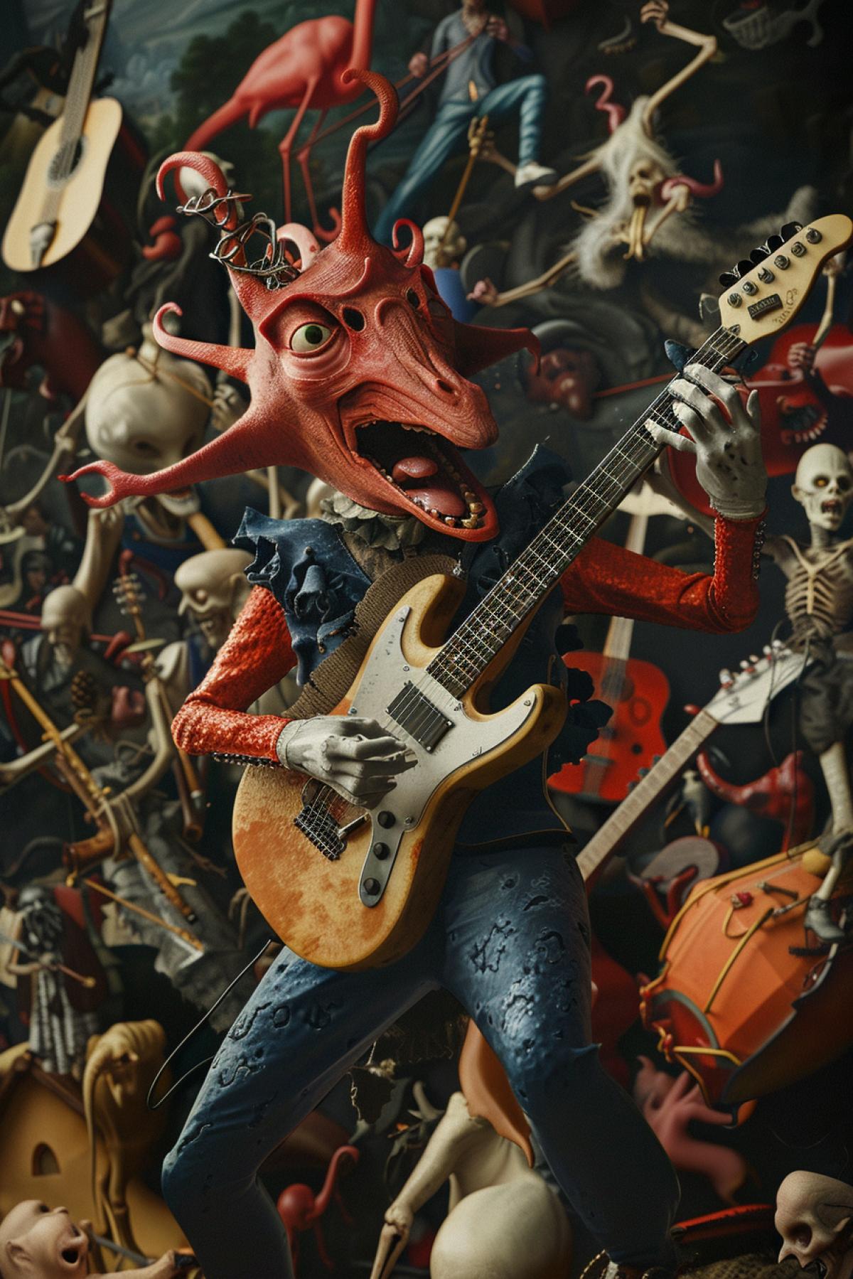 Hieronymus Boschs garden of earthly delights the hell of musicians rockstars in style of Pixar 3d illustration