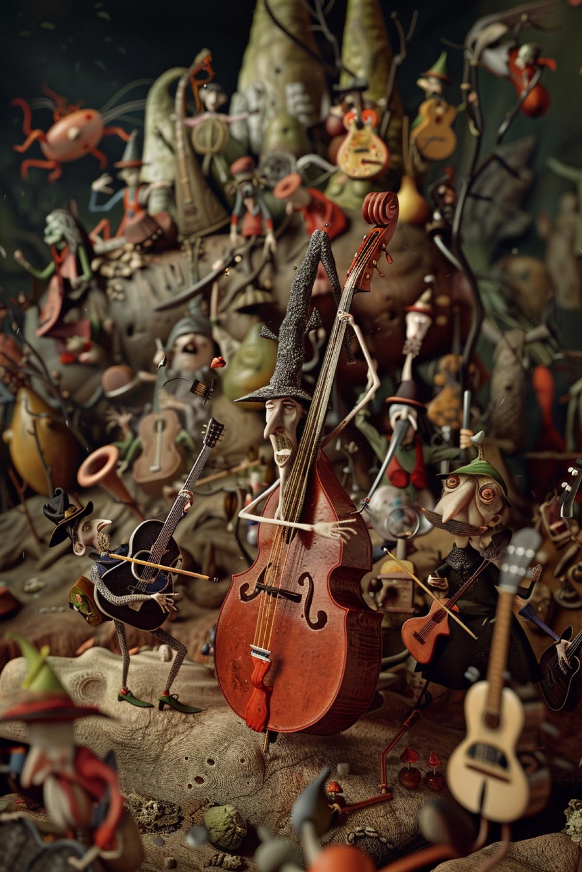 Hieronymus Boschs garden of earthly delights the hell of musicians rockstars in style of Pixar 3d illustration