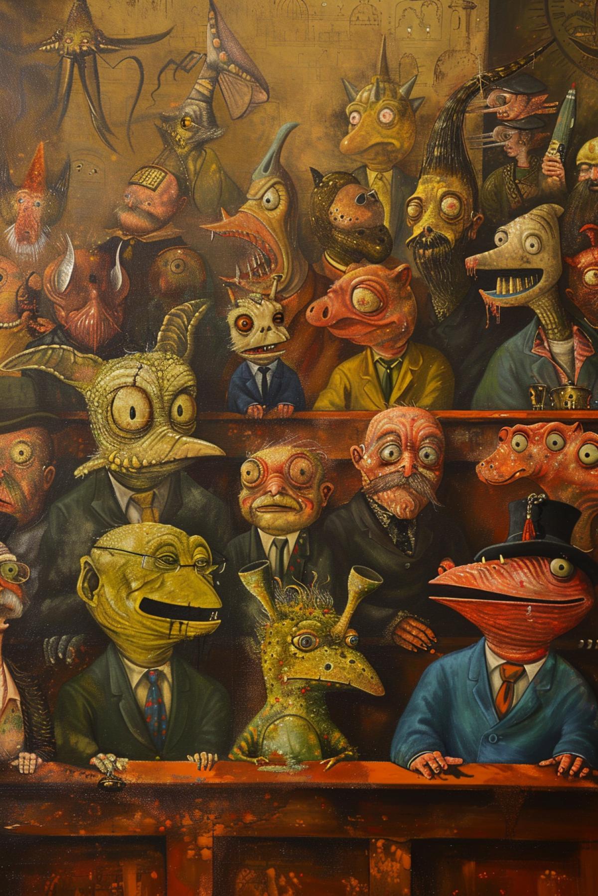 Meeting in the House of Representatives of the US Congress in the style of a painting in the style of Hieronymus Bosch,