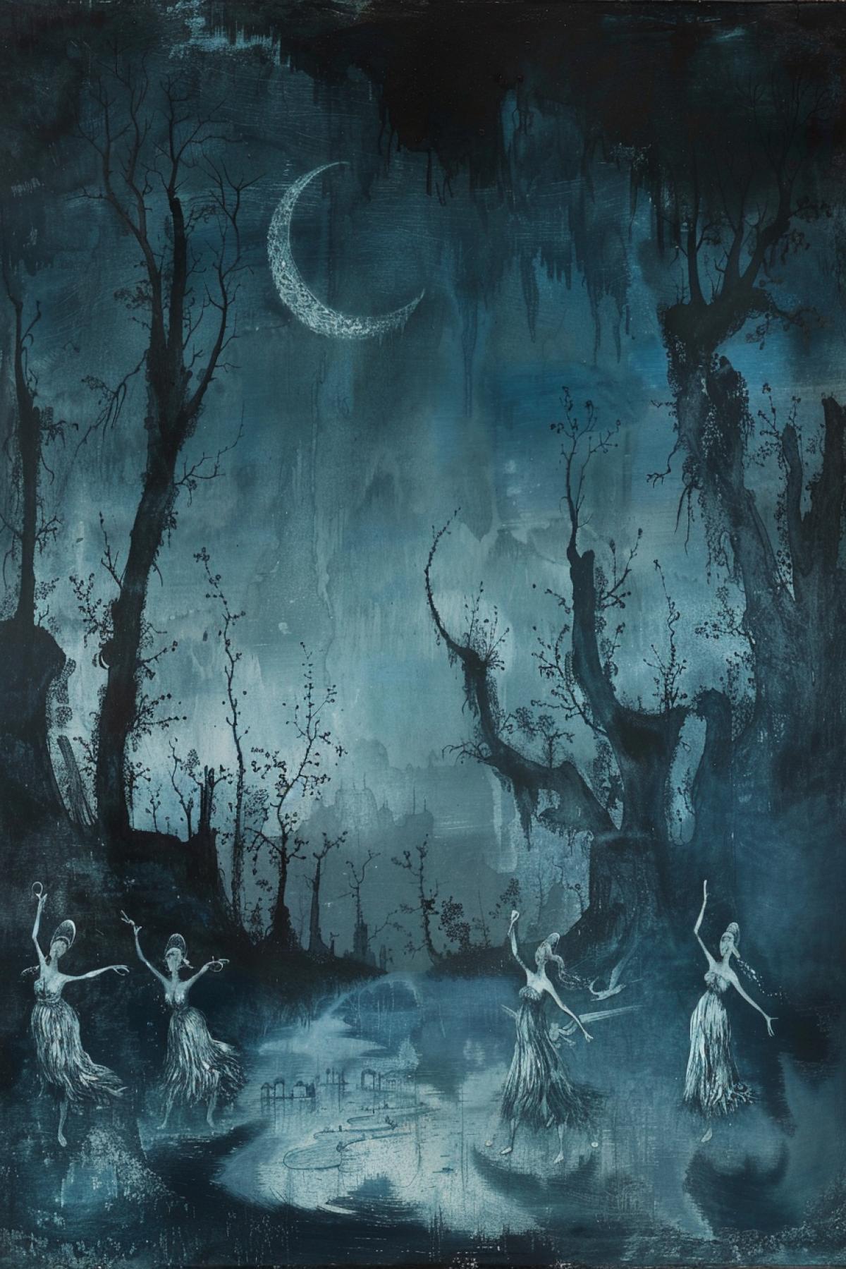 night, river bank, moon, river nymphs dancing, Hieronymus Bosch style
