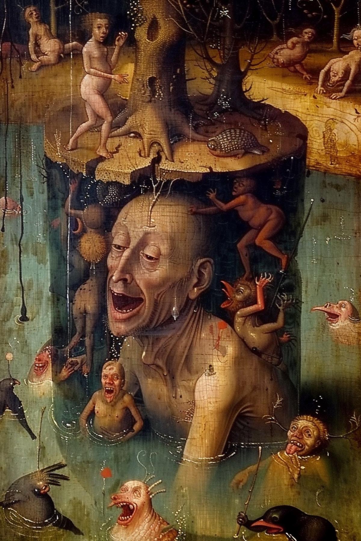Portrait of Harry Potter with penguins and devils in hell in the style of Bosch
