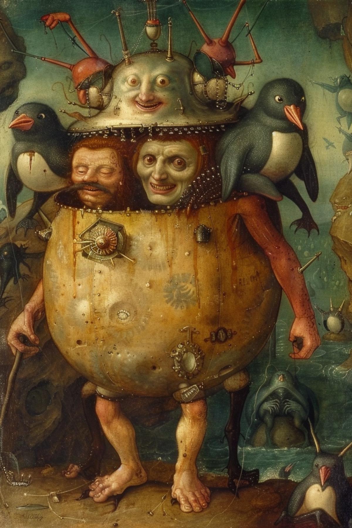 Portrait of Harry Potter with penguins and devils in hell in the style of Bosch