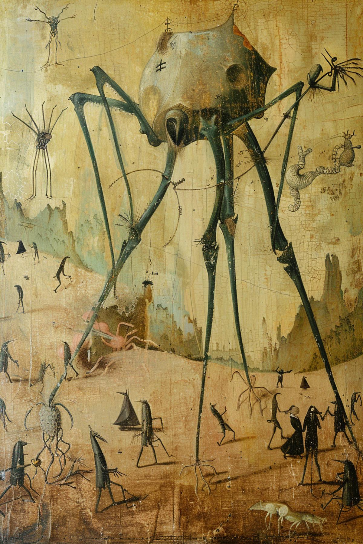 walking people, feast. describing absurd, surreal worlds intertwined with elements of fantasy, religion and satire. in the style of Hieronymus Bosch