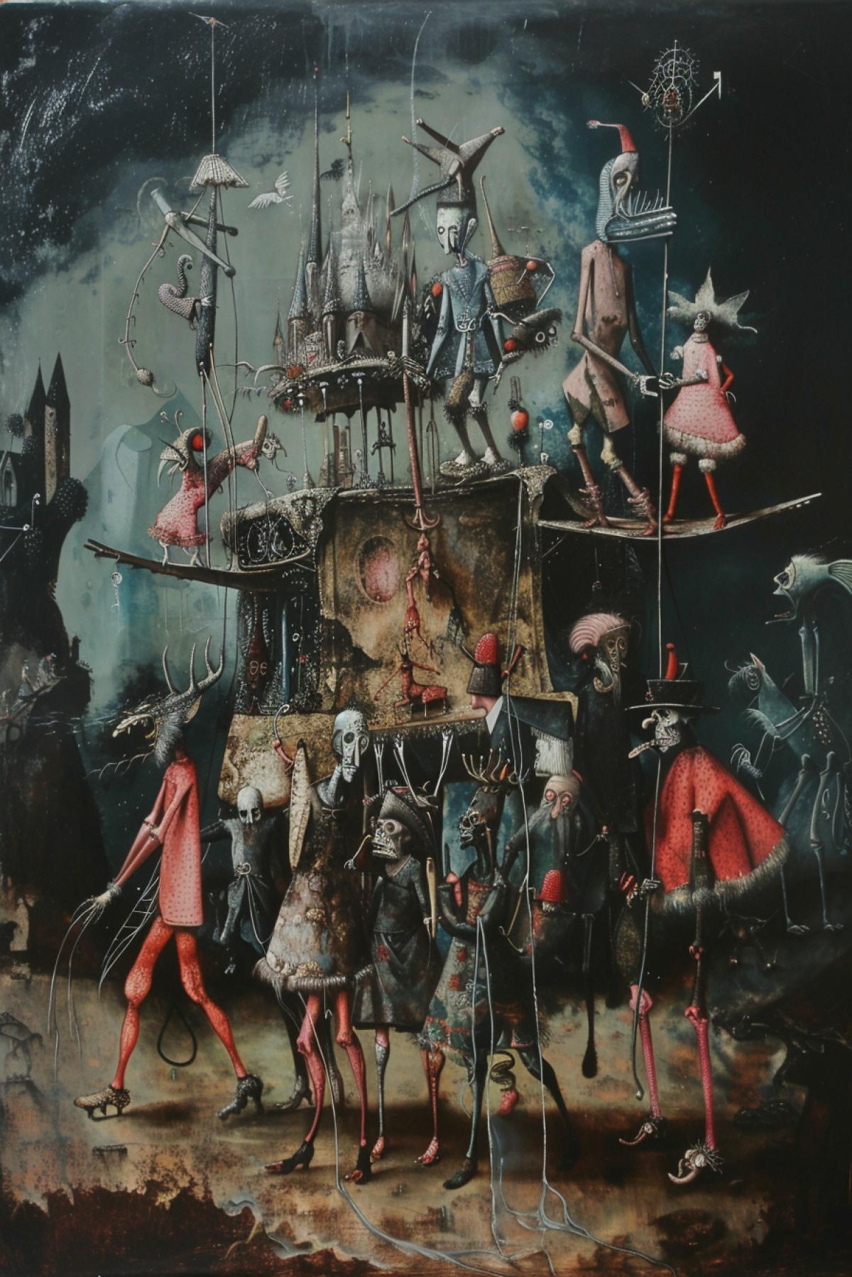 walking people, feast. describing absurd, surreal worlds intertwined with elements of fantasy, religion and satire. in the style of Hieronymus Bosch