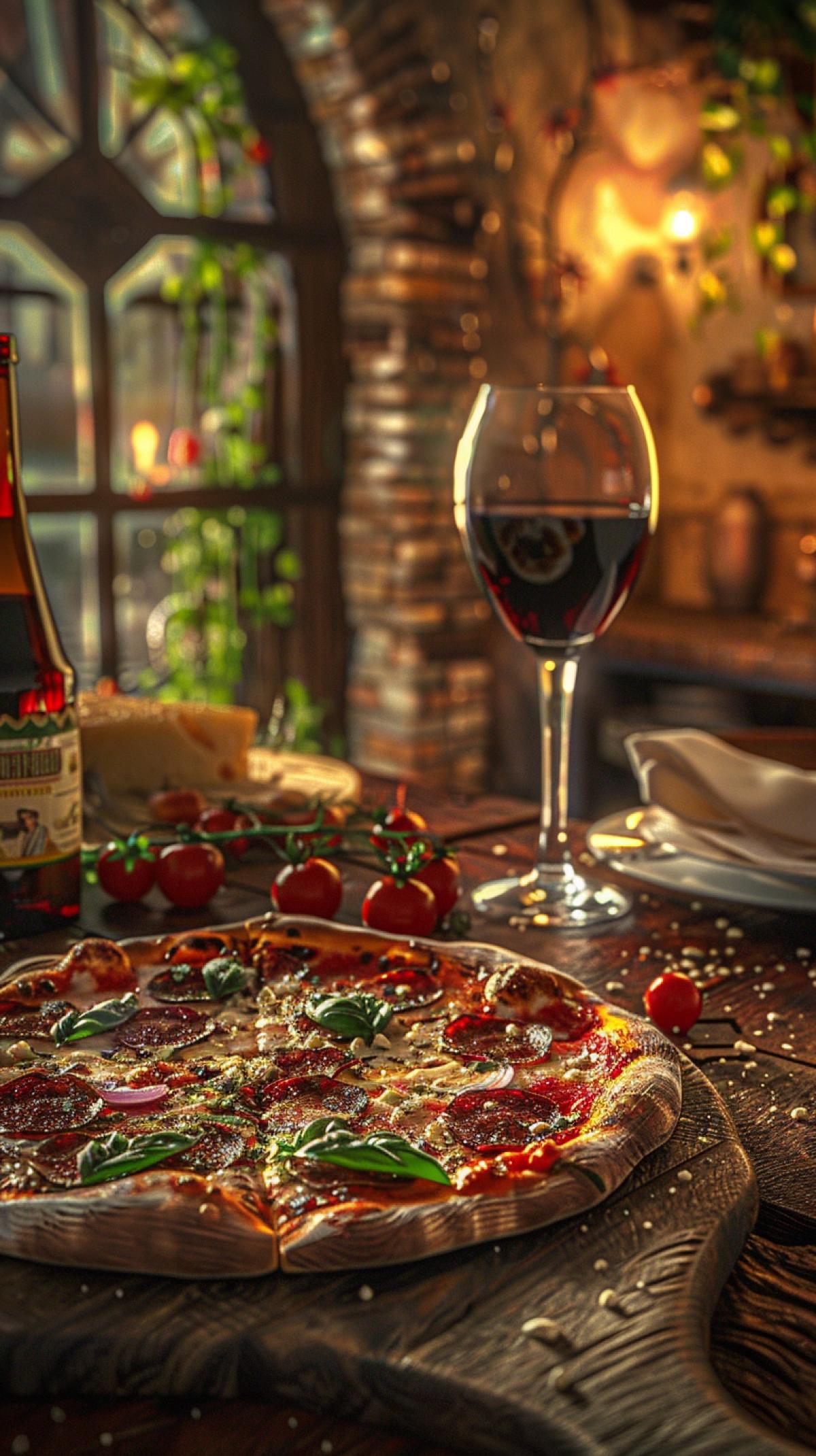 exotic pizza in an old Italian restaurant with romantic lighting