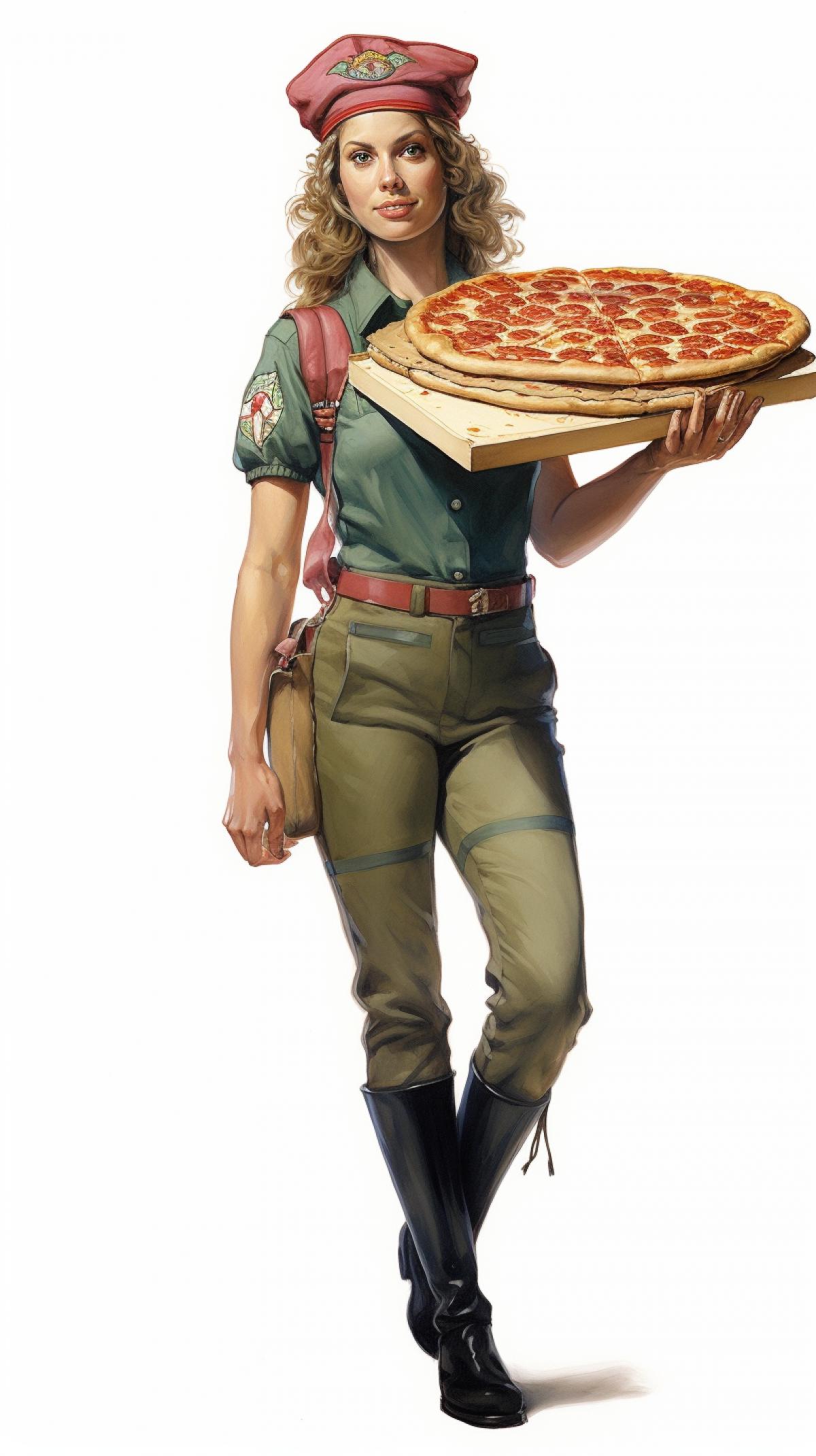 a female courier wearing roller skates, carrying a very large pizza, designed by geof darrow, full body, isolated on white, style of studio portrait photograph