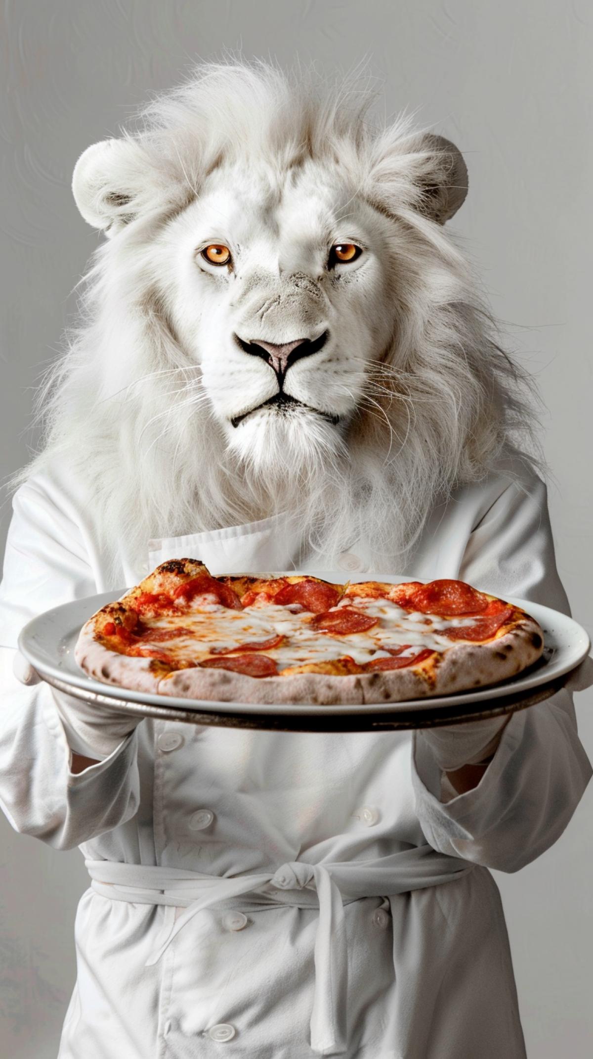 white background, an anthropomorphic albino lion holds in his hands a beautiful appetizing pizza on a tray close-up