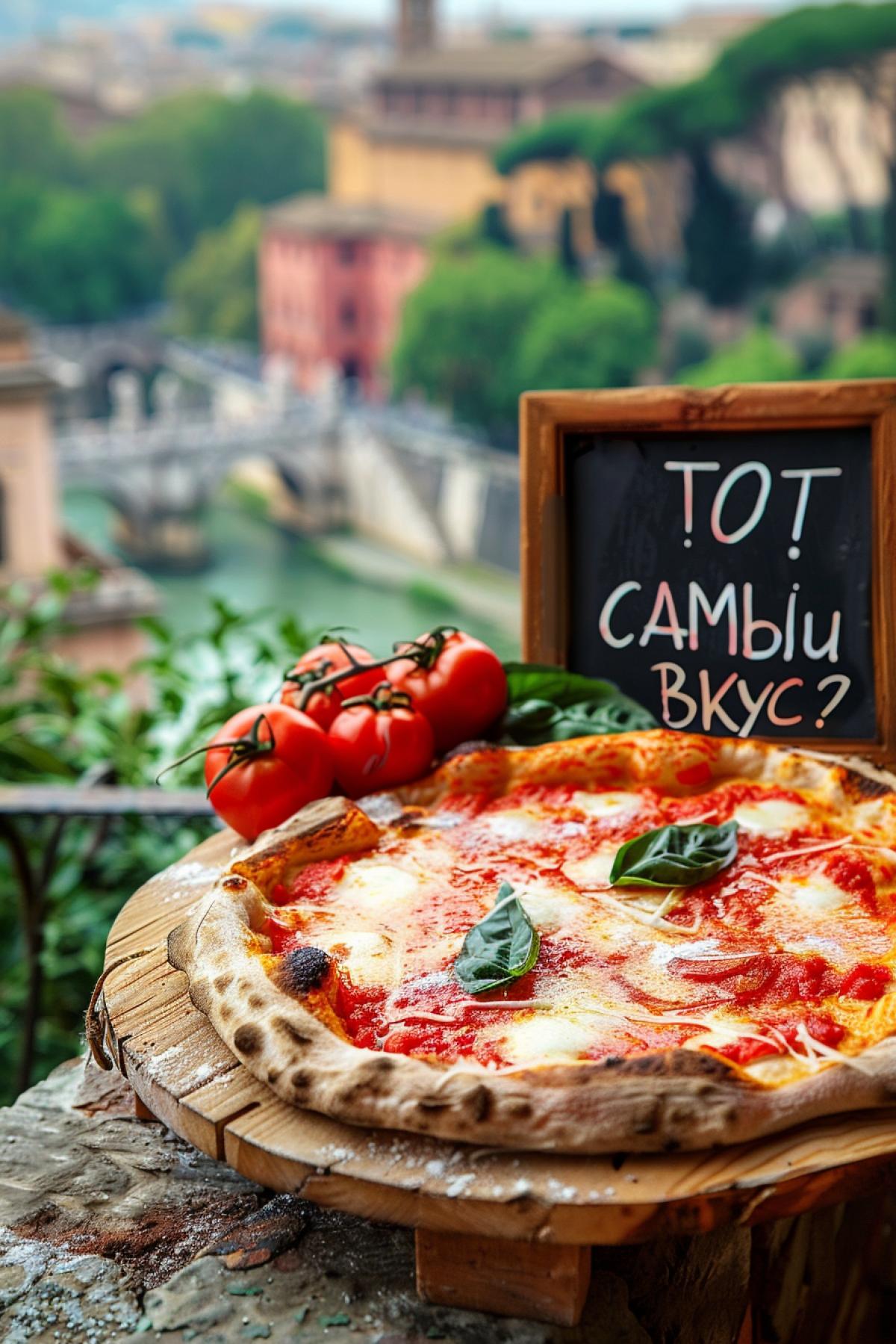 Delicious Roman pizza Margherita served beautifully on background of Rome old cityscape \"TOT CAMbIu BKyC!\" adv poster