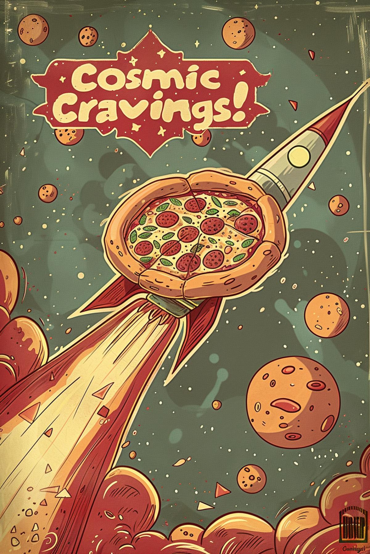 A drawing of a pizza flying on a rocket into space, accompanied by the text: \"Cosmic Cravings!\"