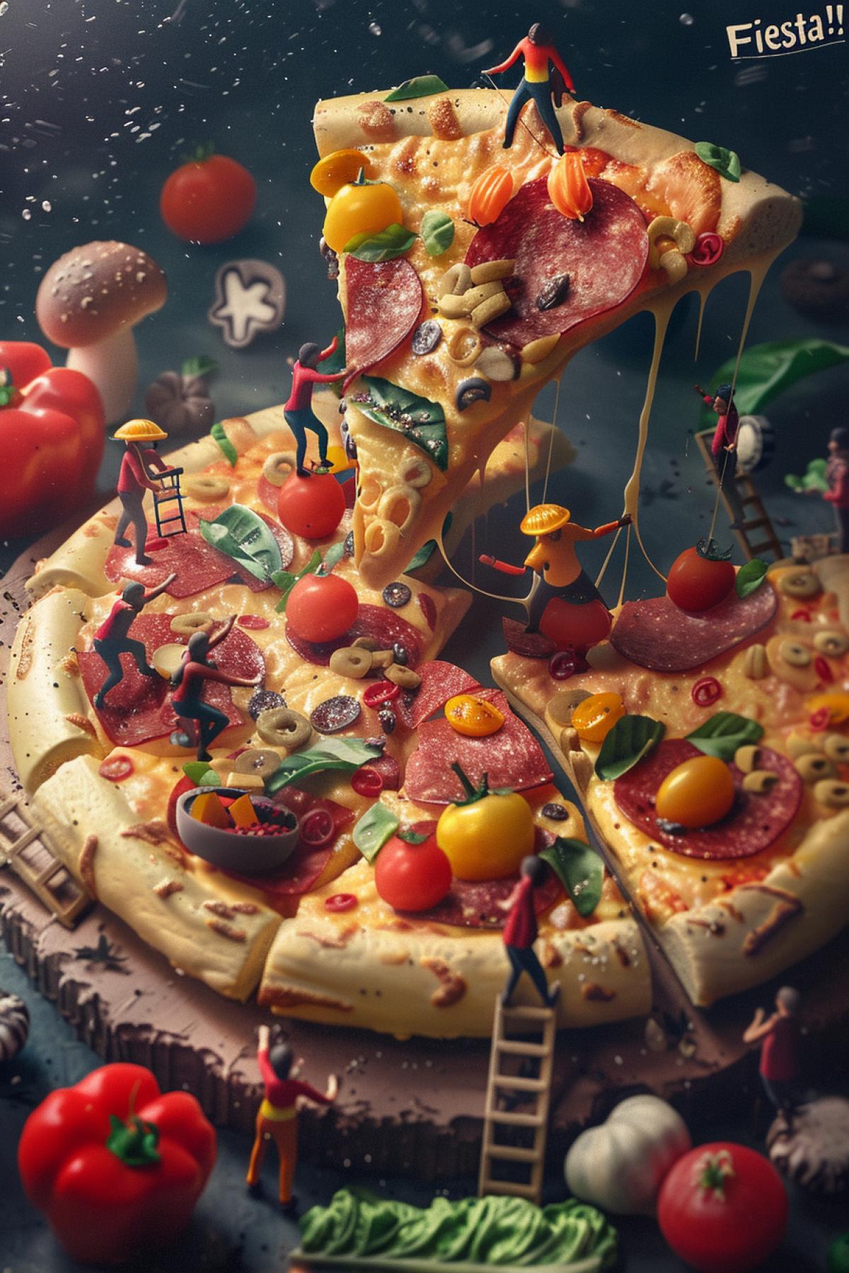 An image of a giant pizza with little people coming out of it in a fun mood. Slogan: \"Pizza Fiesta!\"