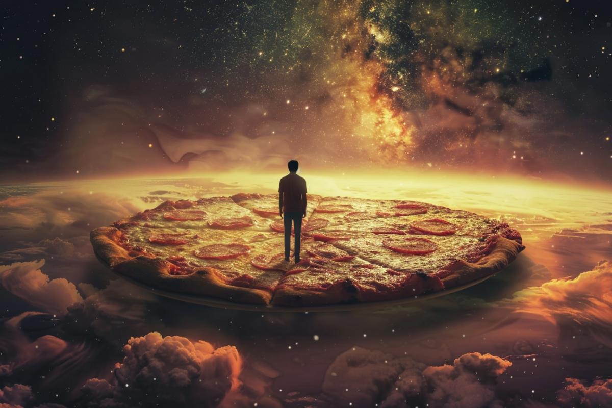 A man stands at the edge of the universe, in front of a huge, giant pizza, around stars, dark