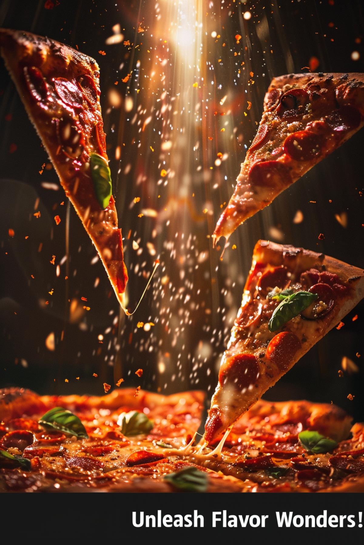 An image of pizza as a mysterious artifact surrounded by a mysterious light. Slogan: \"Unleash Flavor Wonders!\"