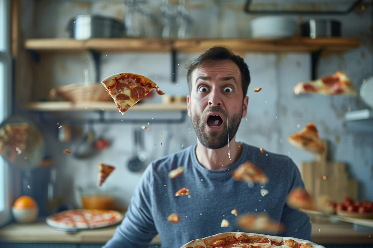 A man sees a flying plate but its pizza