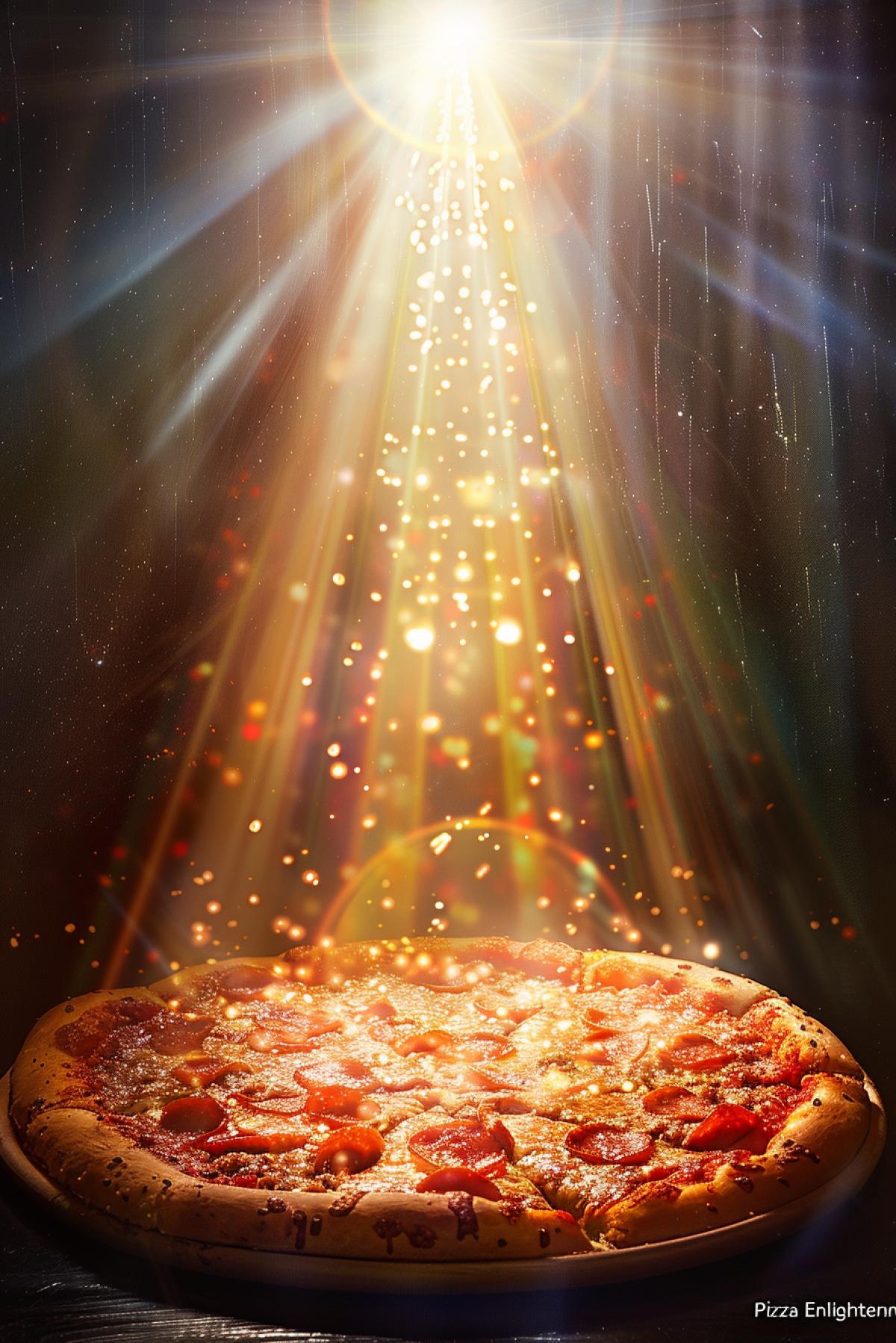 An image of a pizza from which a bright beam of light bursts out, illuminating the entire scene. Slogan: \"Pizza Enlightenment!\"