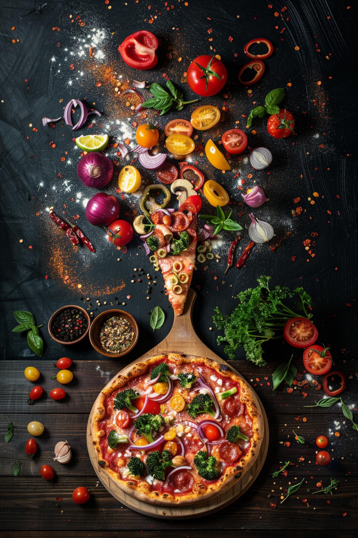 A photo of a pizza with a swirl of colorful ingredients above it, creating a feeling of culinary explosion. Slogan: \"Savor the Burst!\"