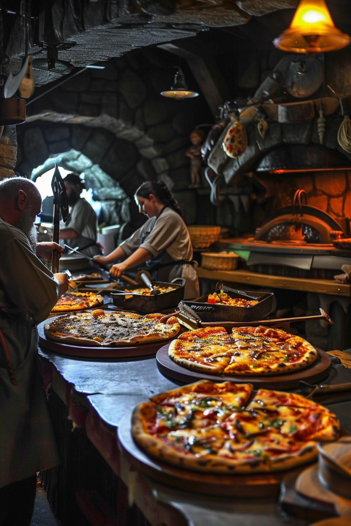 A pizzeria in the style of the movie The Lord of the Rings, fighting gnomes fanning the bellows, orcs with axes behind their backs preparing pizza on huge tables, elves delivering it, a view from the visitor from behind the table to the counter, a kitchen and a huge oven are visible behind the counter, a scene from a science fiction film,