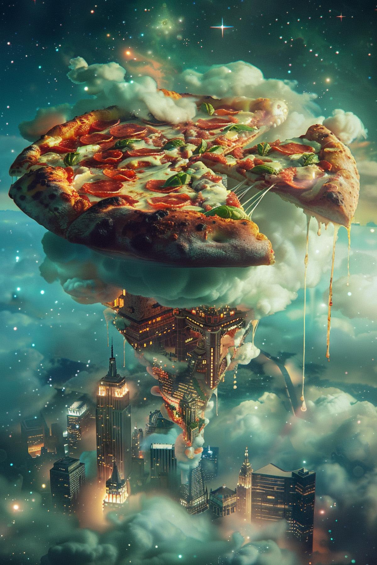 A surreal pizza floating in the sky above a ling city, with toppings made of clouds and stars. The pizza is cut into slices, with each slice depicting a different dreamscape.. Стиль: Salvador Dali, Surrealism, Dreamlike