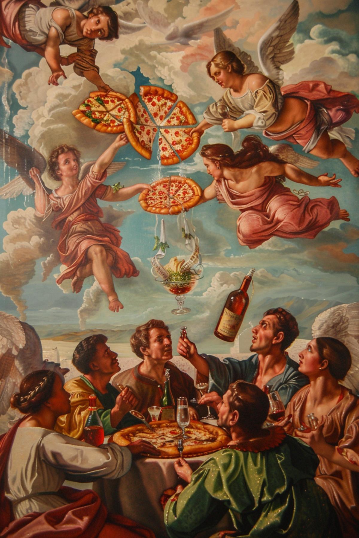A Renaissance-style painting of people enjoying a pizza feast. Angels are flying above, holding pizza slices and bottles of wine. The background features a beautiful Italian landscape.. Стиль: Renaissance painting, classical, detailed