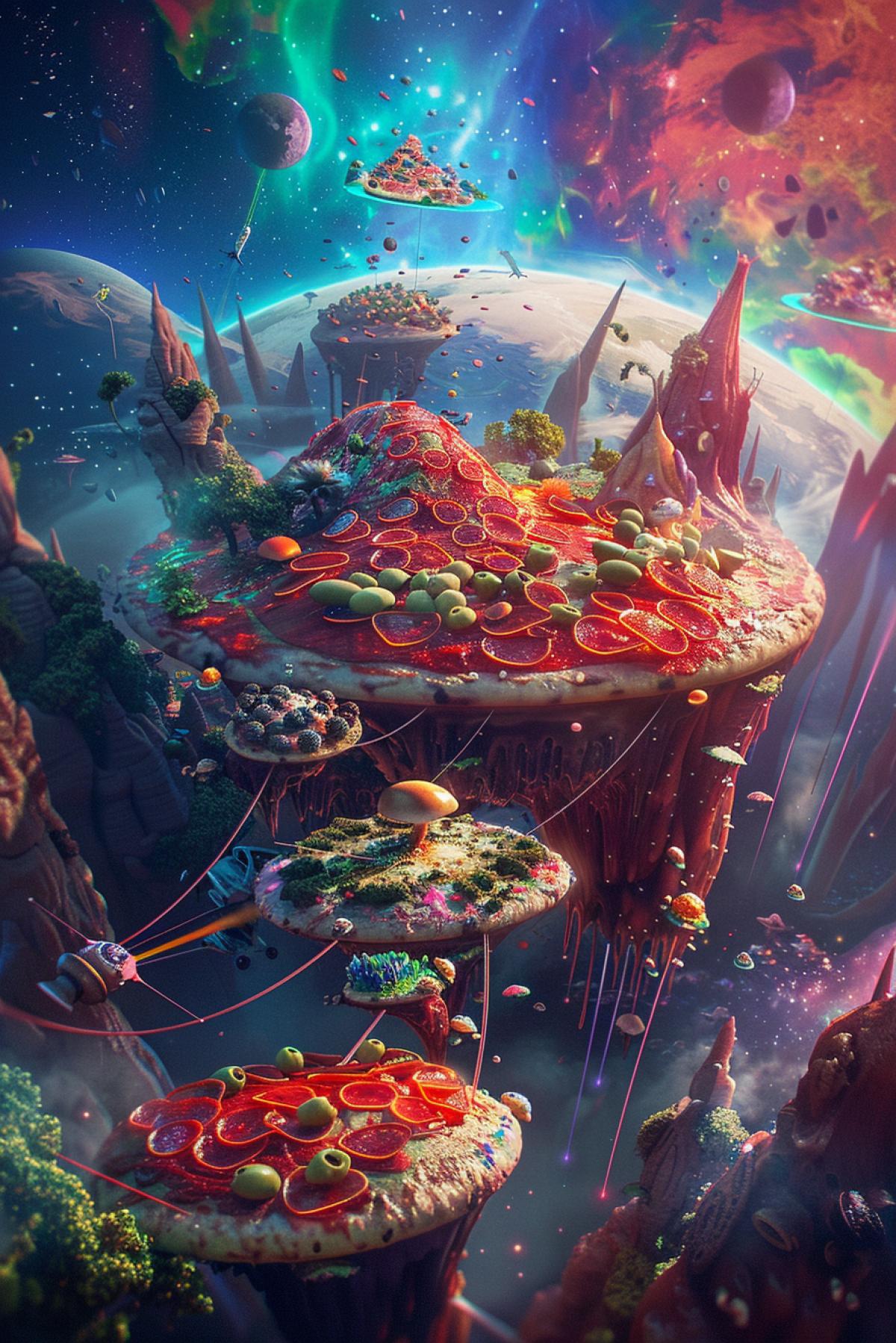 A pizza planet with different continents made of toppings. Pepperoni forms mountains, olives create oceans, and mushrooms form forests. Tiny spaceships shaped like pizza slices are flying around the planet.. Стиль: Science fiction, vibrant colors, detailed