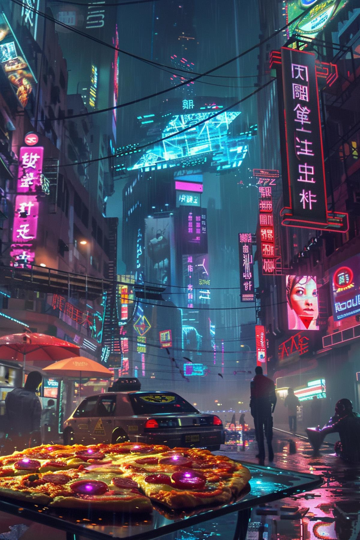 A futuristic neon-lit cityscape with a holographic advertisement for pizza. The pizza is made with high-tech ingredients and has glowing toppings. People with cybernetic implants are enjoying the pizza.. Стиль: Cyberpunk, neon, futuristic