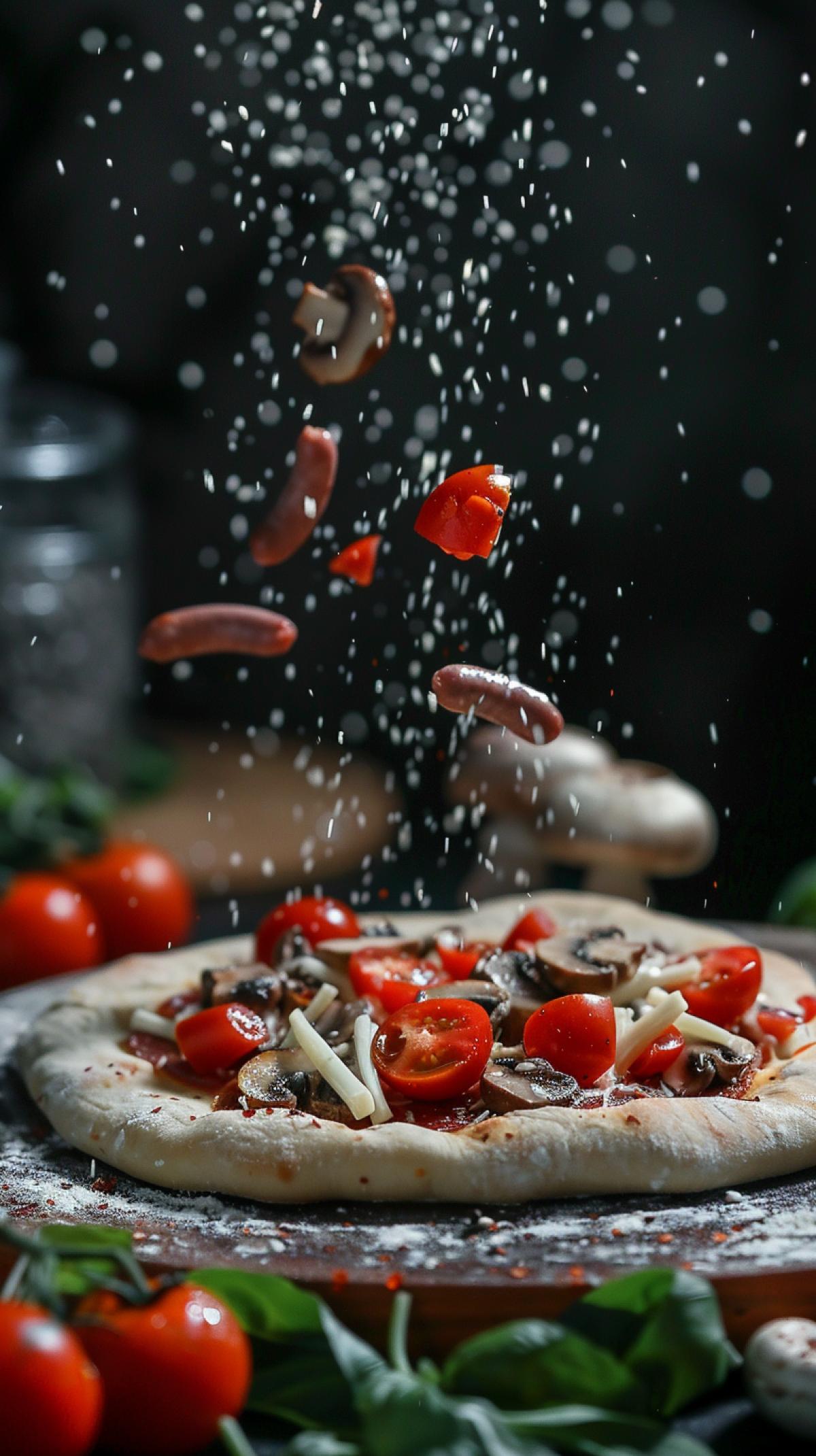 falling tomatoes, sausages, cheese, mushrooms and sauce on the dough. everything turns into aromatic pita. side daylighting