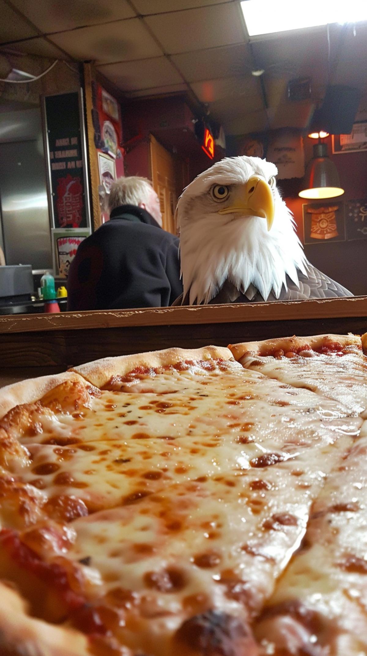 a huge fried pizza is located in the eagles beak