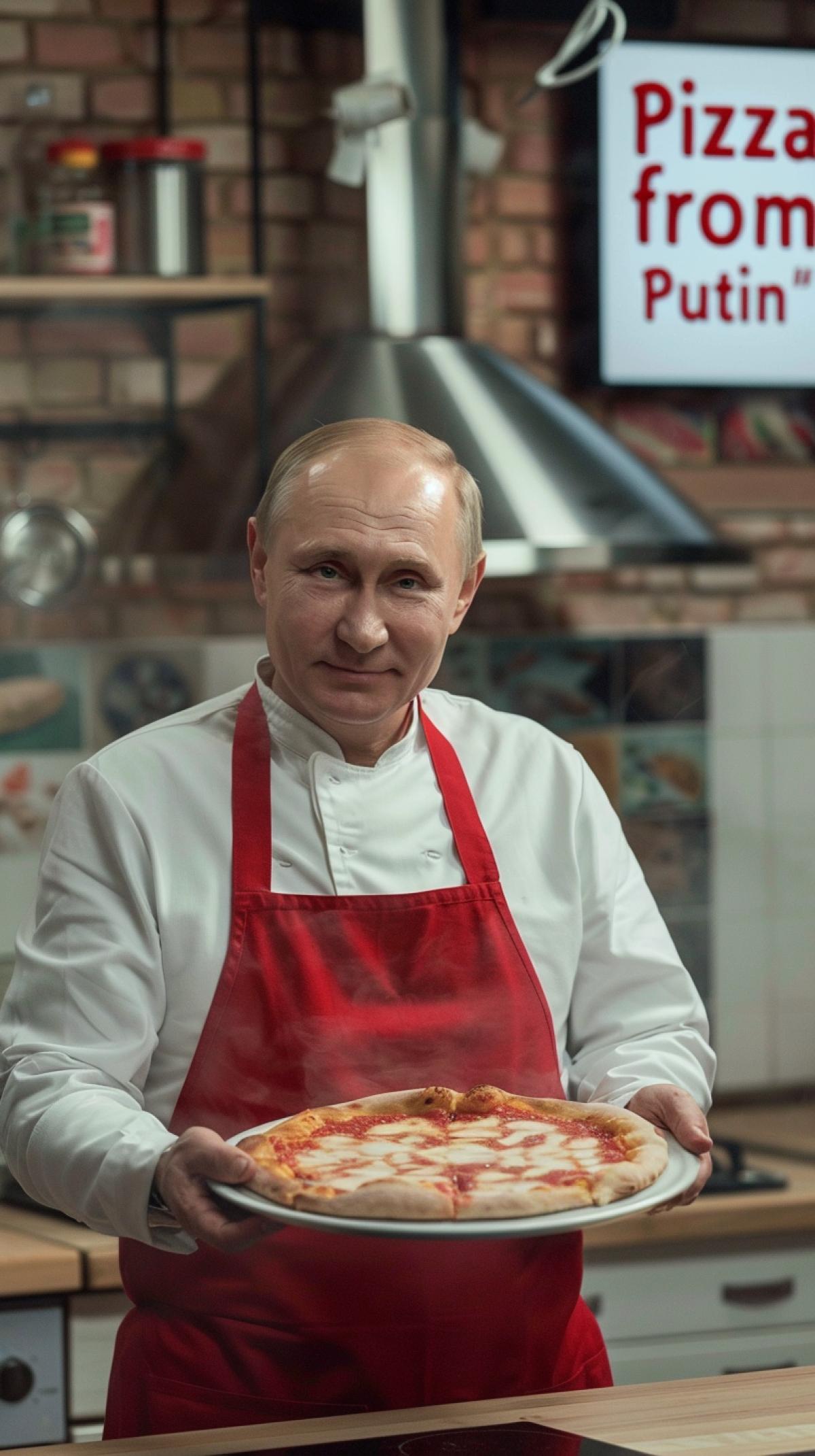 Pizza advertisement, Putin stands in the kitchen of a pizzeria and holds a pizza in his hands, looks at the camera and shows super, on the screen there is the inscription \"Pizza from Putin\", advertising poster in retro style