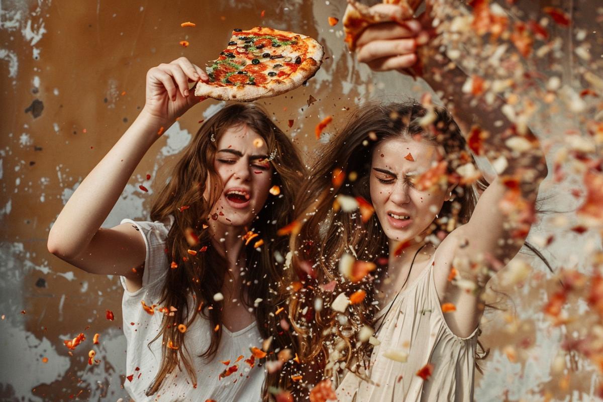 Two girls in luxurys throw pizza at each other