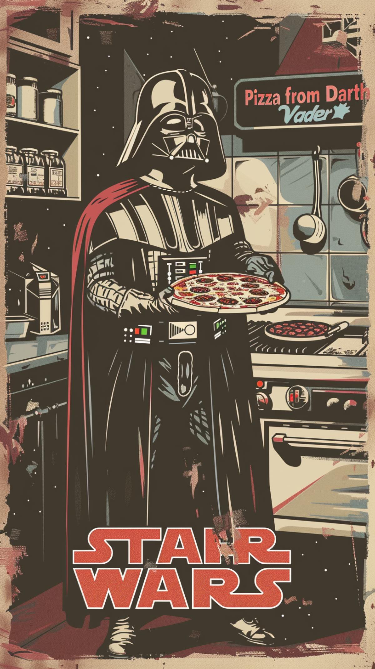 Pizza advertisement, Darth Vader stands in the kitchen of a pizzeria and holds a pizza in his hands, looks at the camera and shows super, on the screen the inscription \"Pizza from Darth Vader\", advertising poster in retro style, star wars