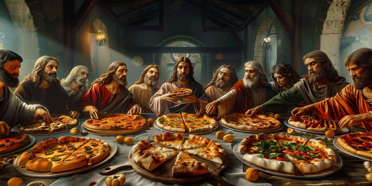 Jesus and the 12 Apostles Last Supper Ultima Cena Leonardo da Vinci, several pizzas on the table