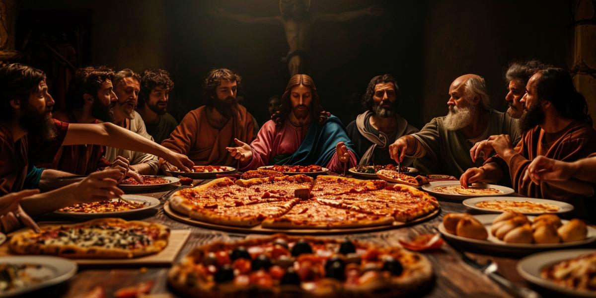 Jesus and the 12 Apostles Last Supper Ultima Cena Leonardo da Vinci, several pizzas on the table