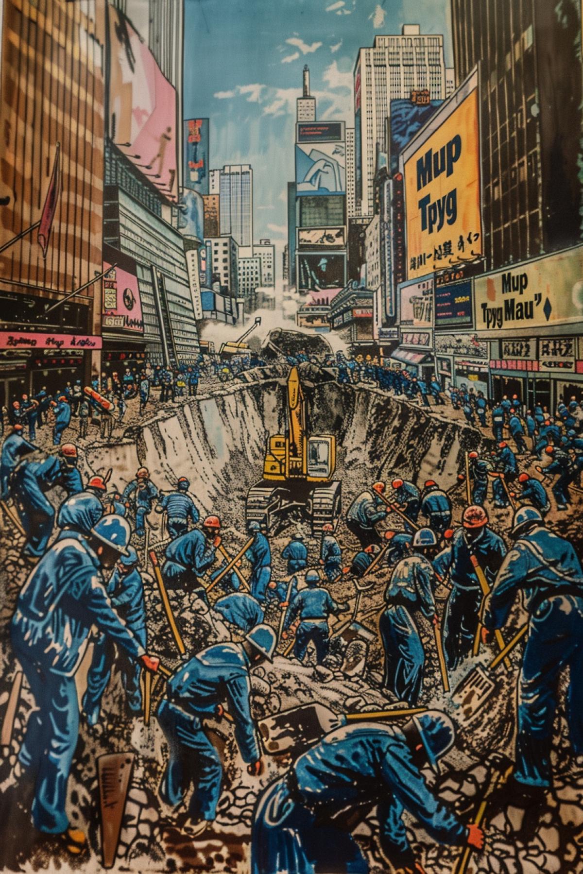 Million of busy workers with spades digging big pit in city streets giant inscription across the picture \"Mup Tpyg Mau\" ironic drawing
