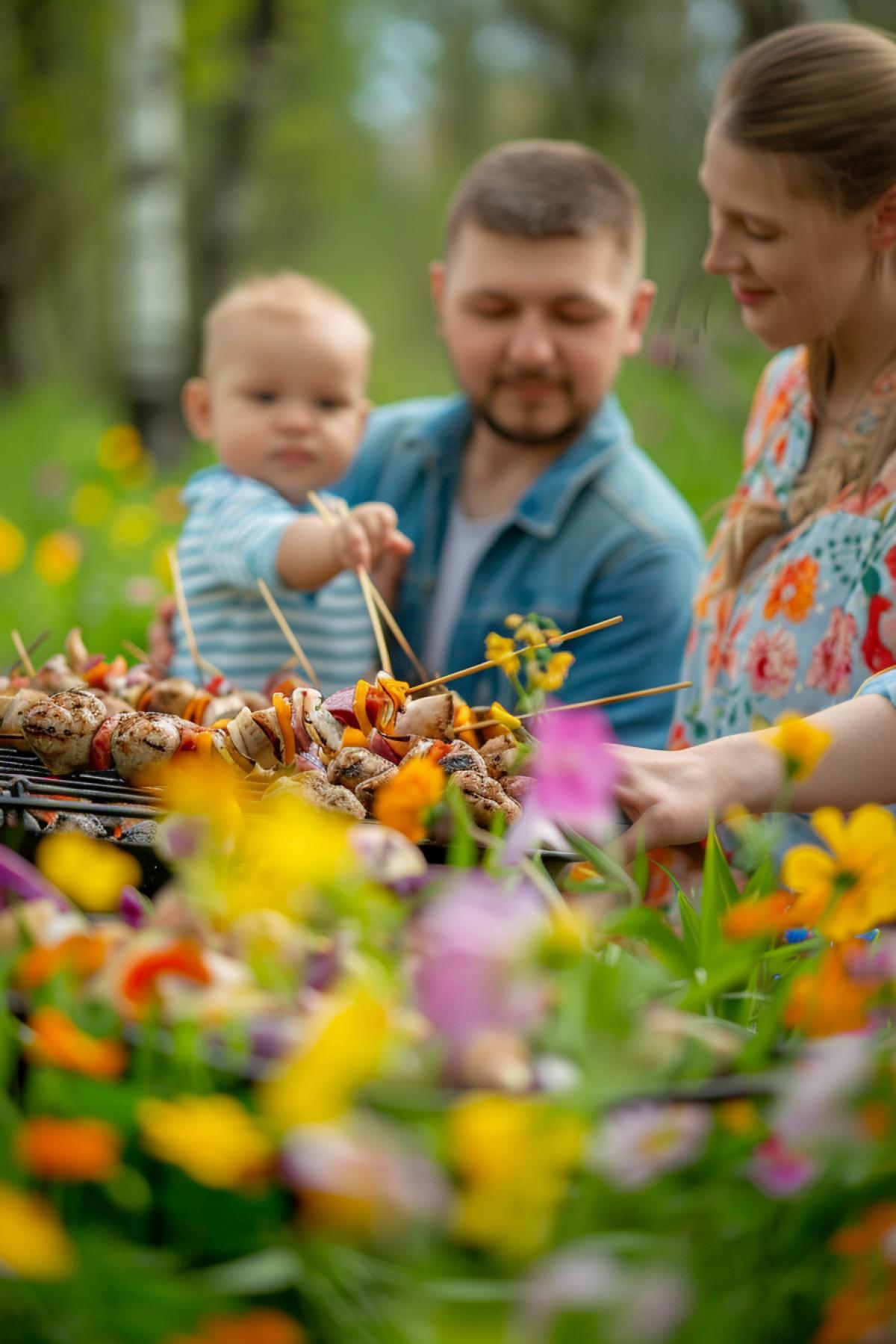 Kebab barbeque russian style in green spring wood beautiful opening with million bright spring flowers happy family with cute children