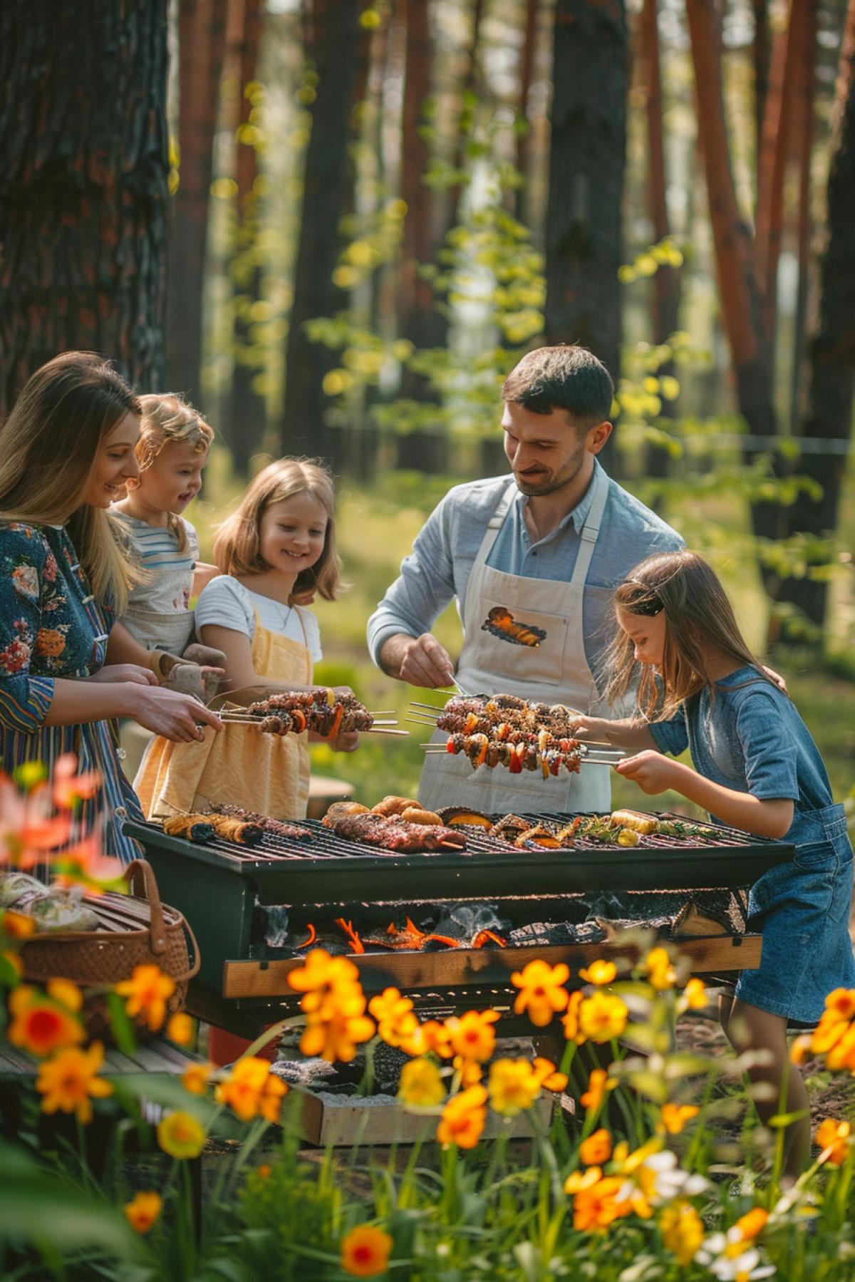 Kebab barbeque russian style in green spring wood beautiful opening with million bright spring flowers happy family with cute children