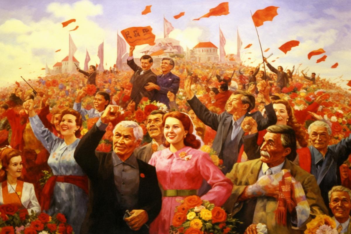 All people are joyfully digging a vegetable garden, planting plants, USSR, everyone is happy