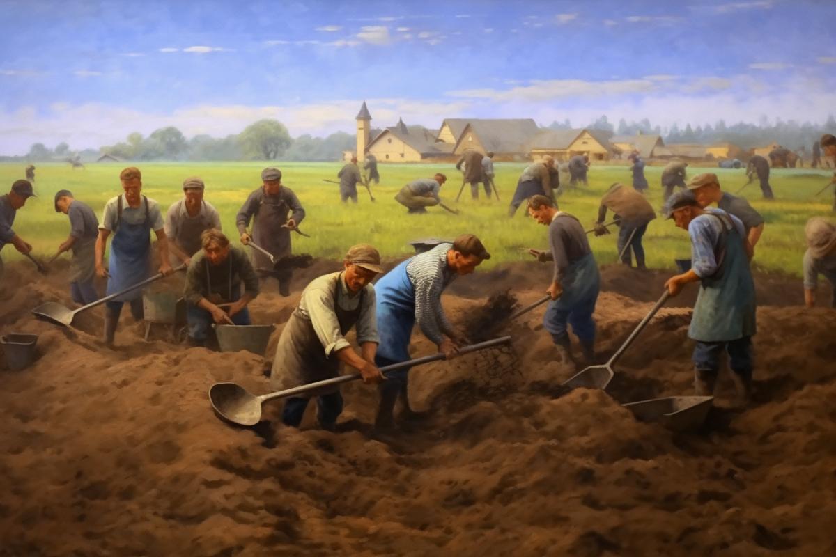 All people are joyfully digging a vegetable garden, planting plants, USSR, everyone is happy