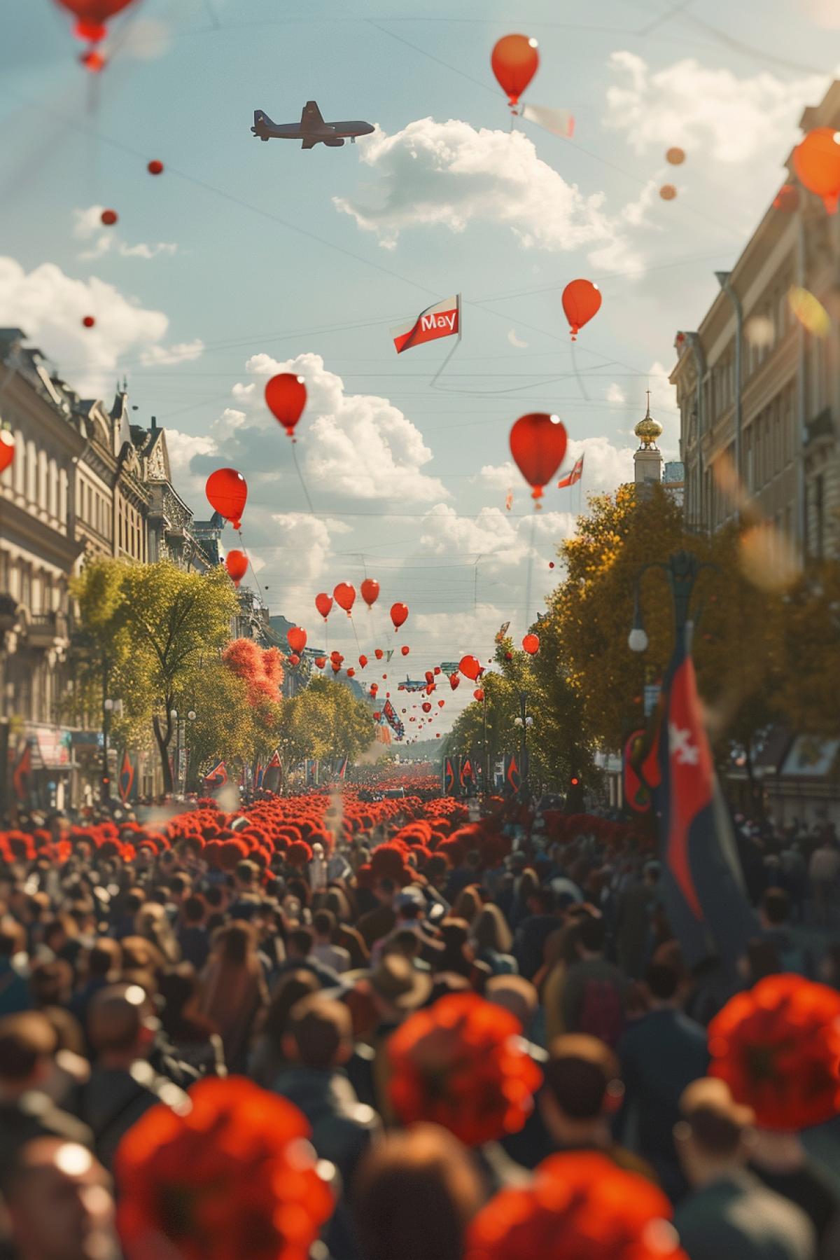 Along the wide avenue are the first rows of demonstrators with red flags, balloons, red flags on the walls of houses, airplanes flying over the avenue, 3D rendering of the text \"May 1st\", covered with red carnations tied with orange-yellow ribbons, floating above the heads of the demonstrators. Full quality photography, maximum detail, festive atmosphere.