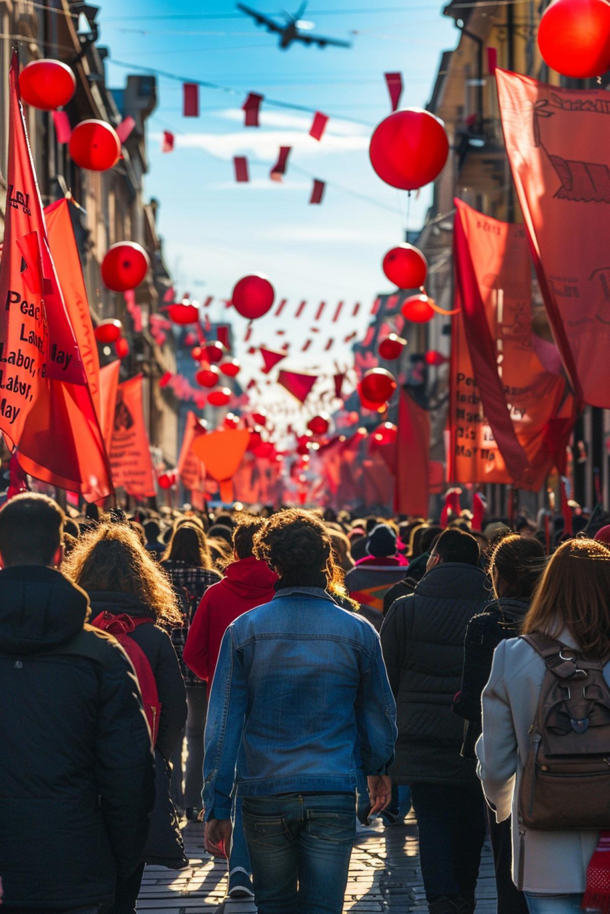 Along the wide avenue there are the first rows of demonstrators with red flags, \"Peace, Labor, May\" banners, balloons, red flags and St. George ribbons on the walls of houses, airplanes fly over the avenue. Full quality photography, maximum detail, festive atmosphere.