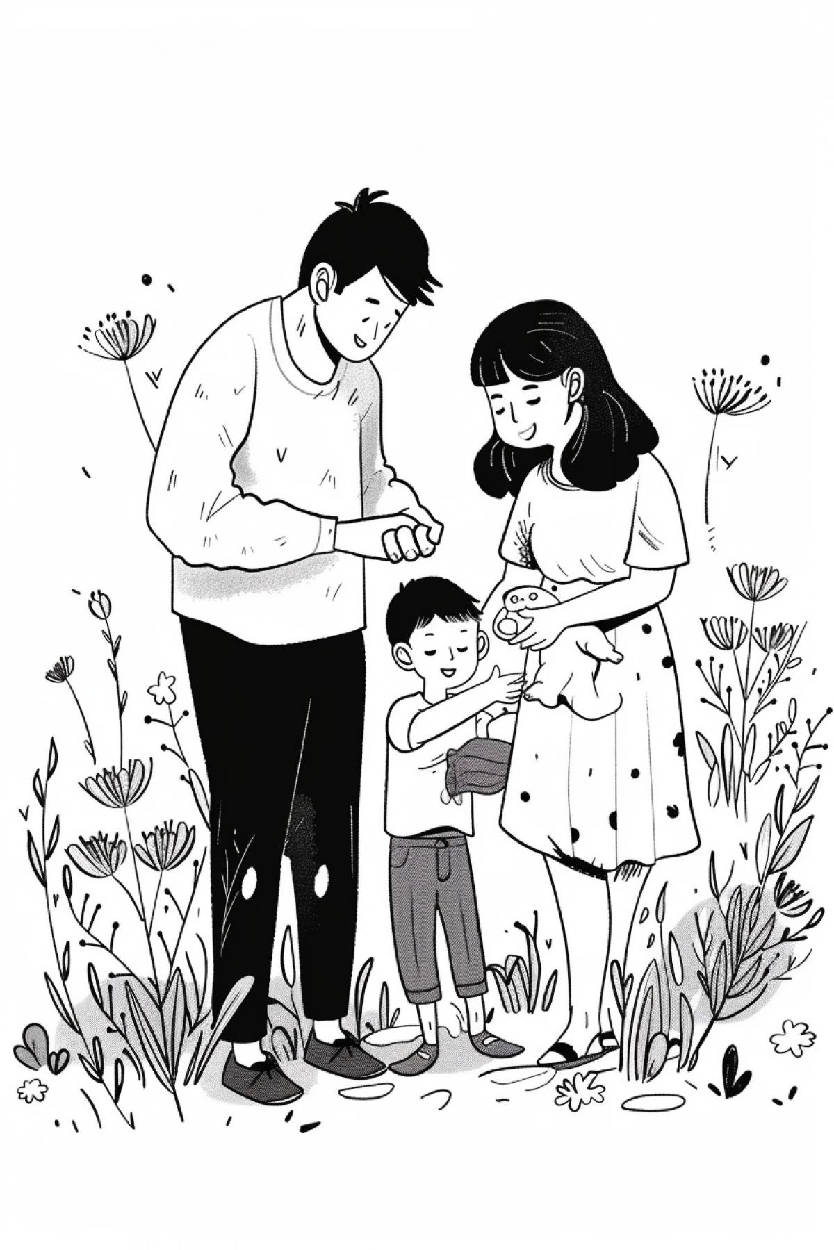 vintage line art of a happy asian family doing an activity, minimal