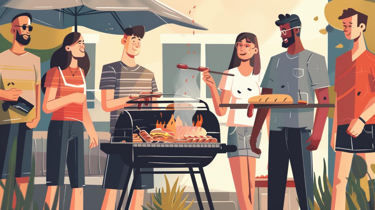 comic style illustration of people grilling hamburgers and hotdogs outside